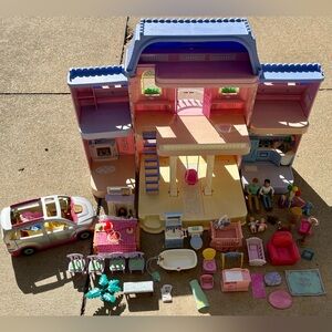 1997 Fisher-Price Loving Family Grand Dollhouse, Figures, Furniture, and Van